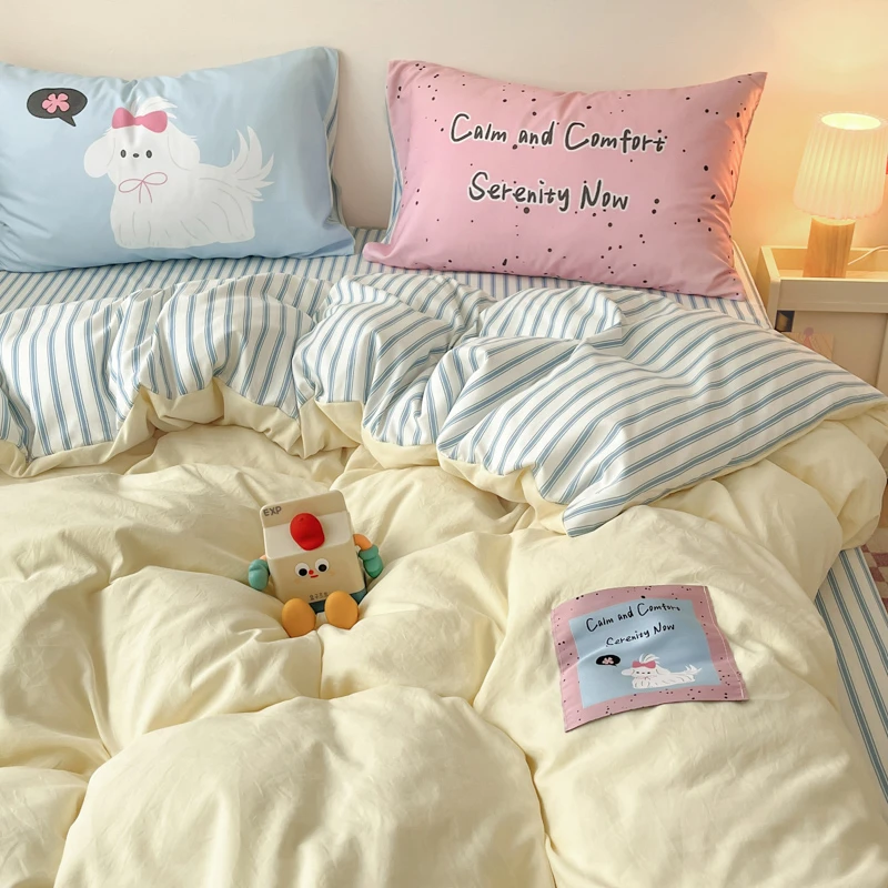新款可爱卡通贴画绣水洗棉四件套单人学生宿舍被套三件套床笠四件