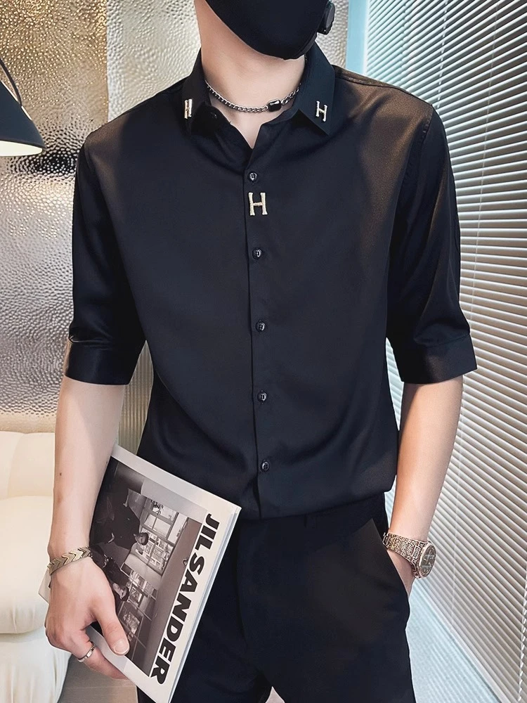 七分袖男士衬衫短袖夏季冰丝2025新款高级感痞帅7分中袖衬衣男款