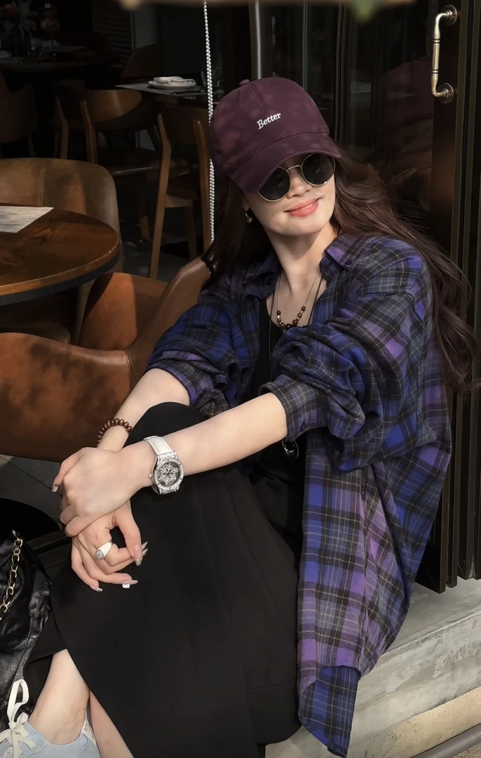 JULIE BB/【巴黎紫罗蓝】长袖时尚休闲女士复古宽松紫色格纹BB115