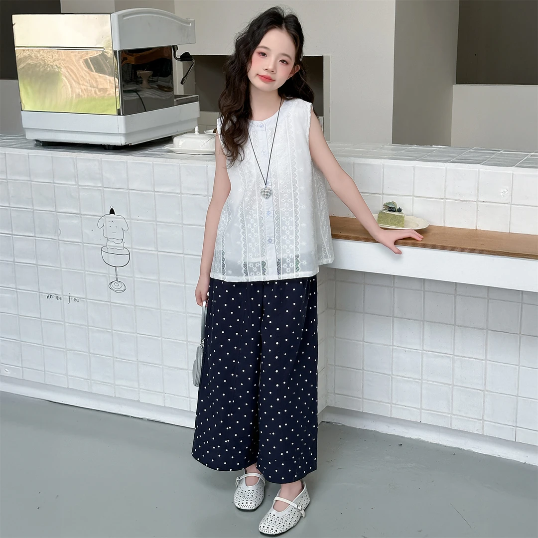 女童夏季提花背心6-12岁小女孩无袖薄款15岁防蚊阔腿裤时尚清凉