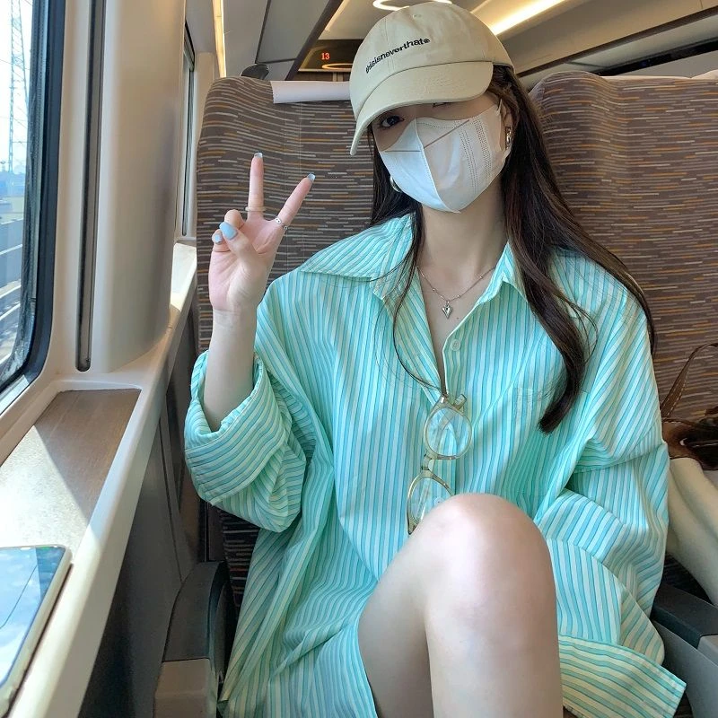 【绿色条纹衬衫百褶裙套装】2025春新款外搭宽松衬衣开衫中长款上衣