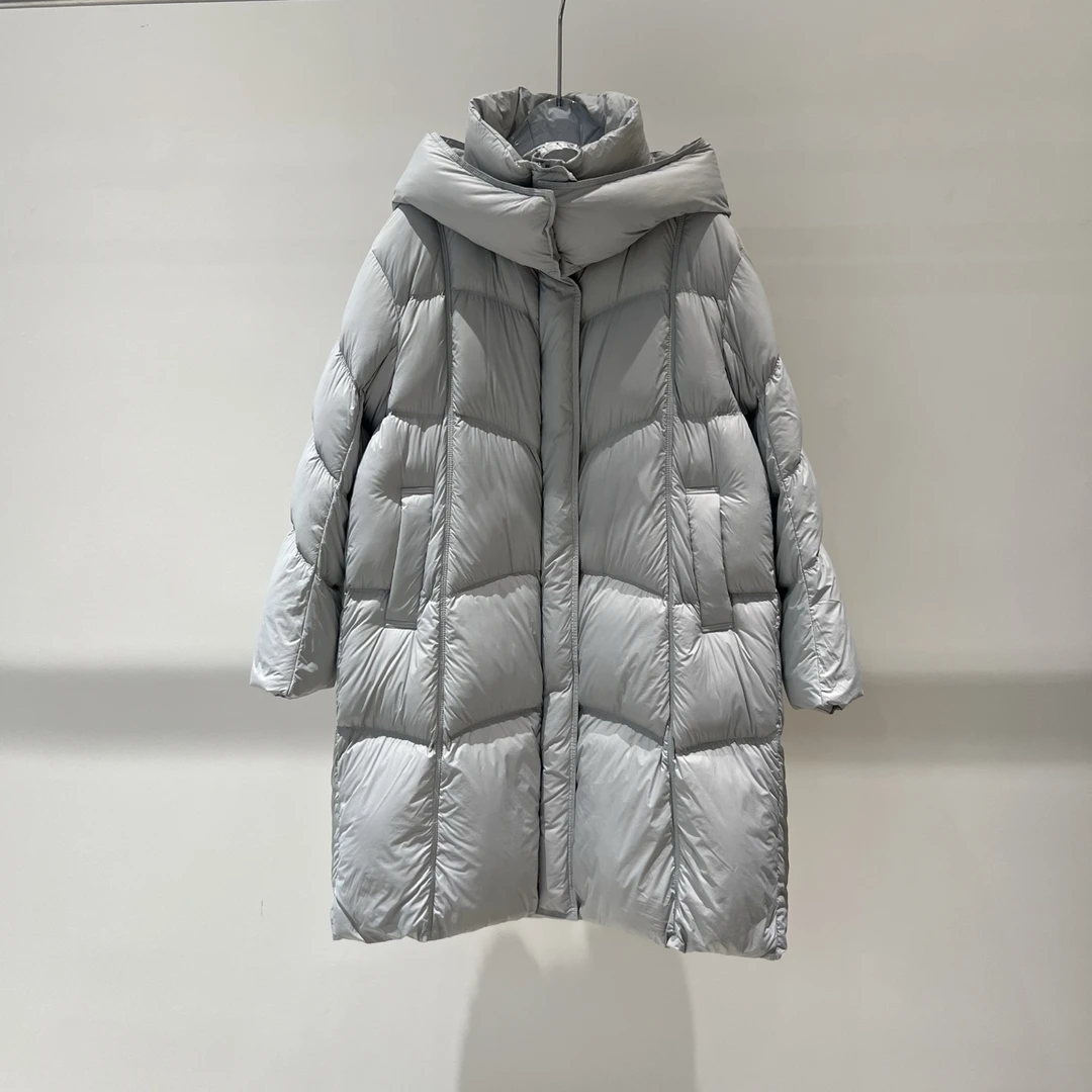 羽绒服-韩版白鸭绒茧形廓形显保暖连帽中长款灰色羽绒服4114
