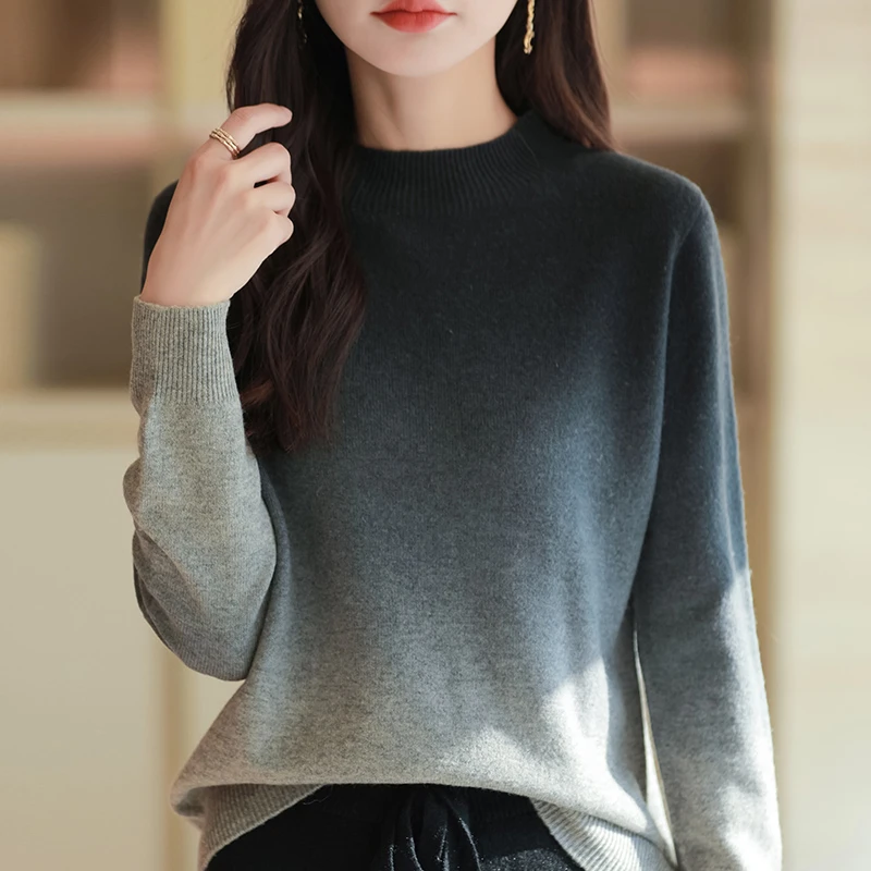 大码女装半高领打底衫秋冬2025新款渐变针织毛衣宽松内搭洋气上衣