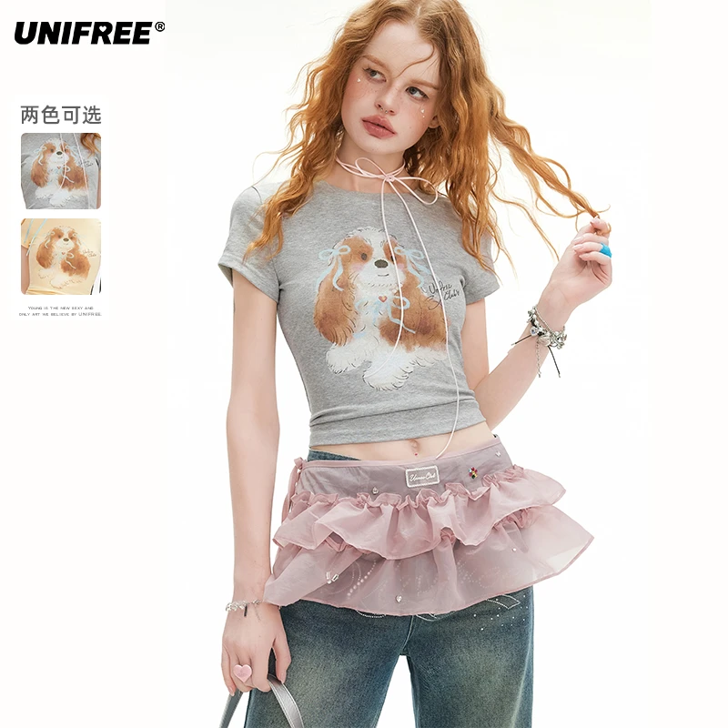 unifree【25年夏】狗狗印花短袖T恤女新款正肩紧身短款小个子上衣