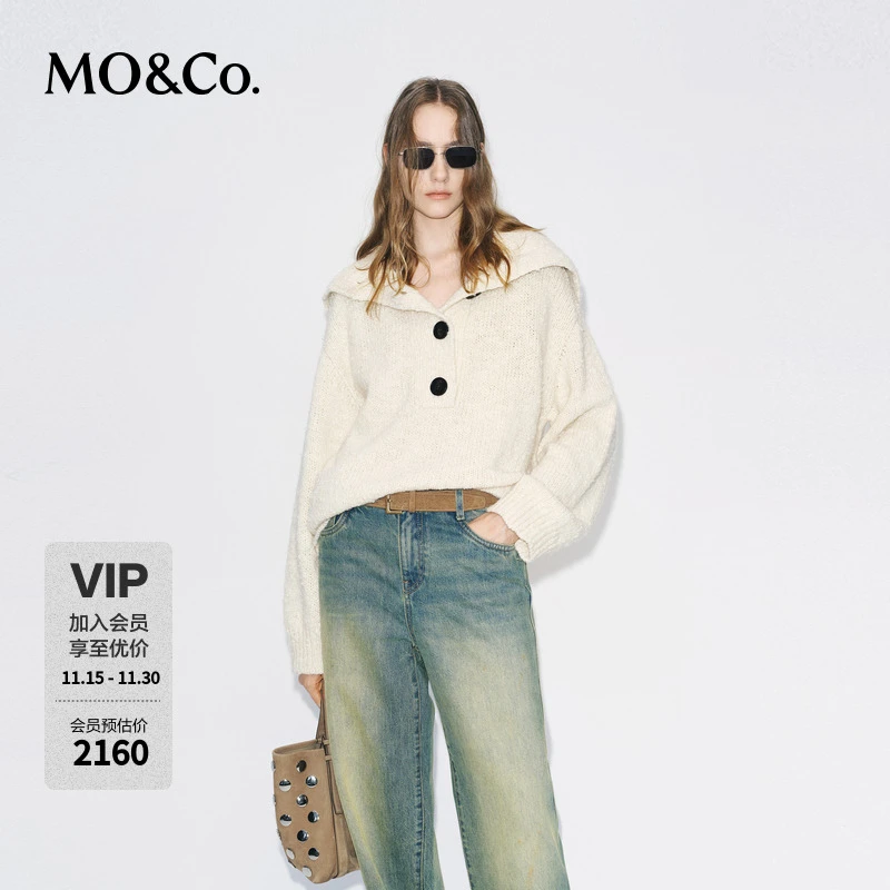 MOCO毛衣2025冬新品绵羊毛粗纺海军领翻领落肩针织衫MBE4SWT053