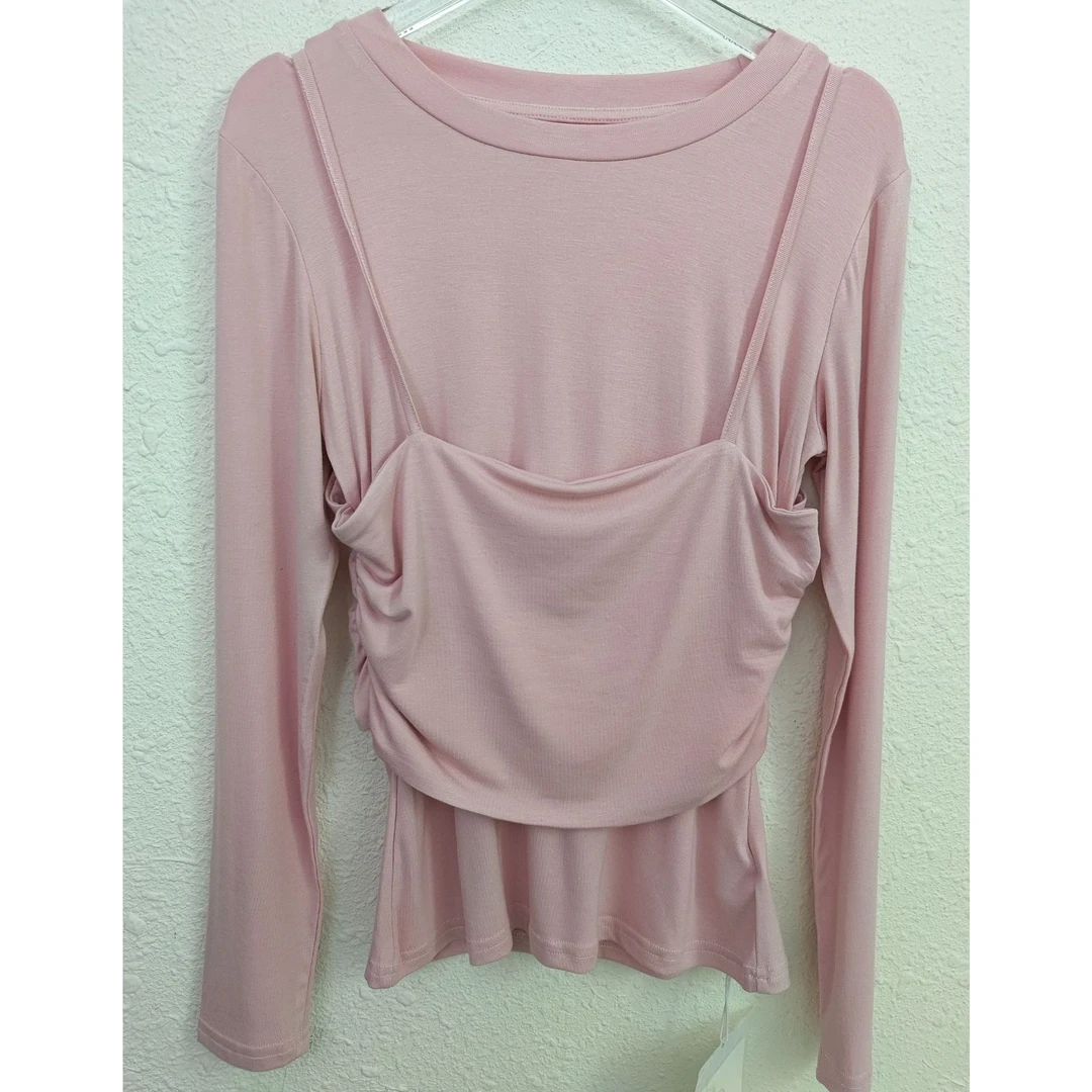 时尚假两件上衣春季新款圆领长袖两侧缩褶修身微弹女式T恤显瘦