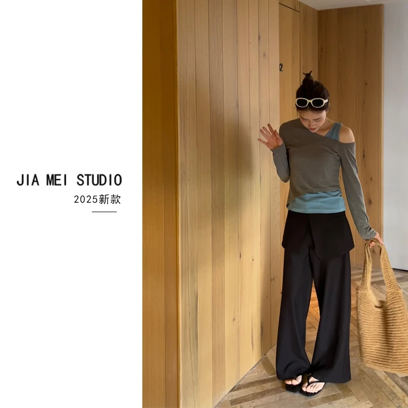 X071屁帘2025春韩版两件裙裤休闲裤长裤女高腰显瘦设计款直筒裤女