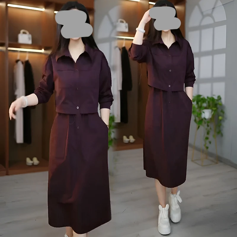 长袖高档工装风衣连衣裙女2025春秋新款减龄收腰假两件衬衫领裙子