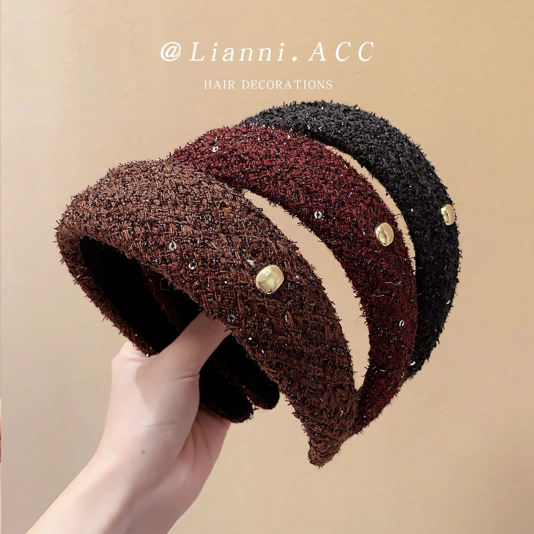 秋冬小香风宽边亮片毛呢发箍气质增高颅顶头箍洗脸发卡高级感发饰