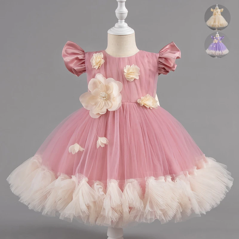 儿童紫色衣服蓬蓬裙礼服公主裙欧美花童装婚纱连衣裙2025夏季洋气
