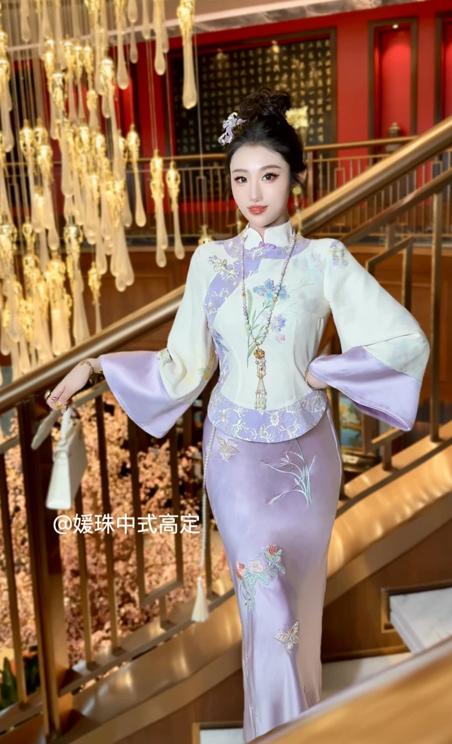 【媛珠 妙玉芳菲】重工新中式印花刺绣上衣收腰短款显瘦倒大袖国风