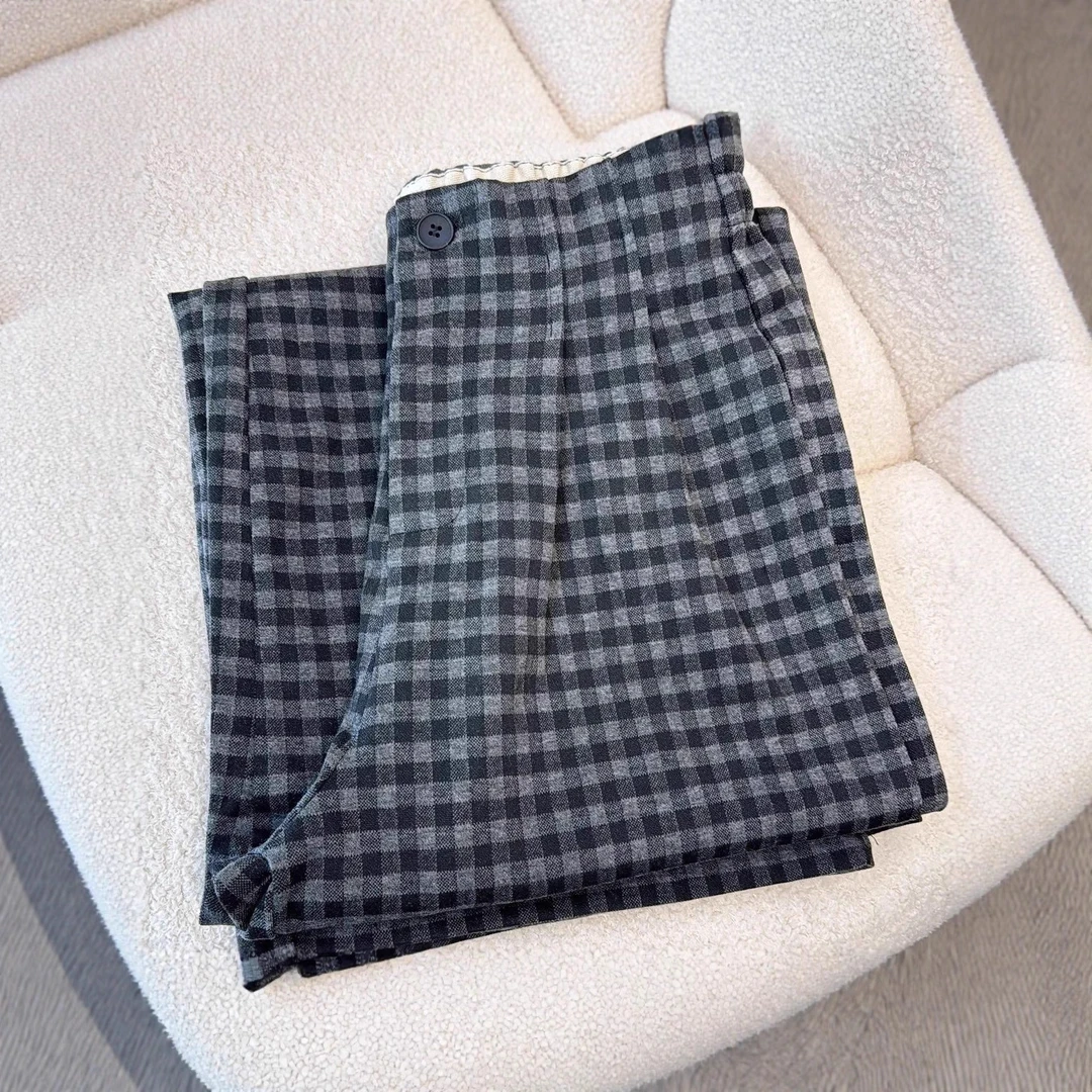 2025秋季爆款复古格子阔腿裤女半松紧垂感宽松百搭显瘦经典阔腿裤