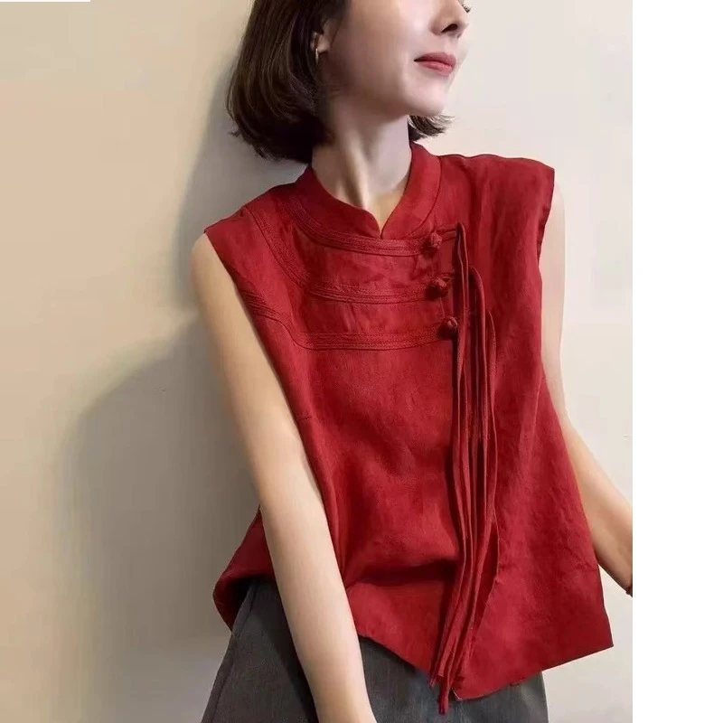 国风立领流苏盘扣无袖马甲女显瘦上衣2025夏季新款洋气休闲背心潮
