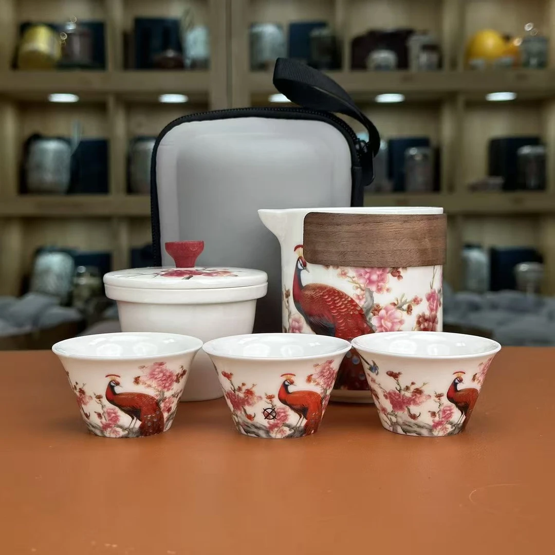 红孔雀【白】户外一壶3杯-黑包白瓷旅行茶具C0623
