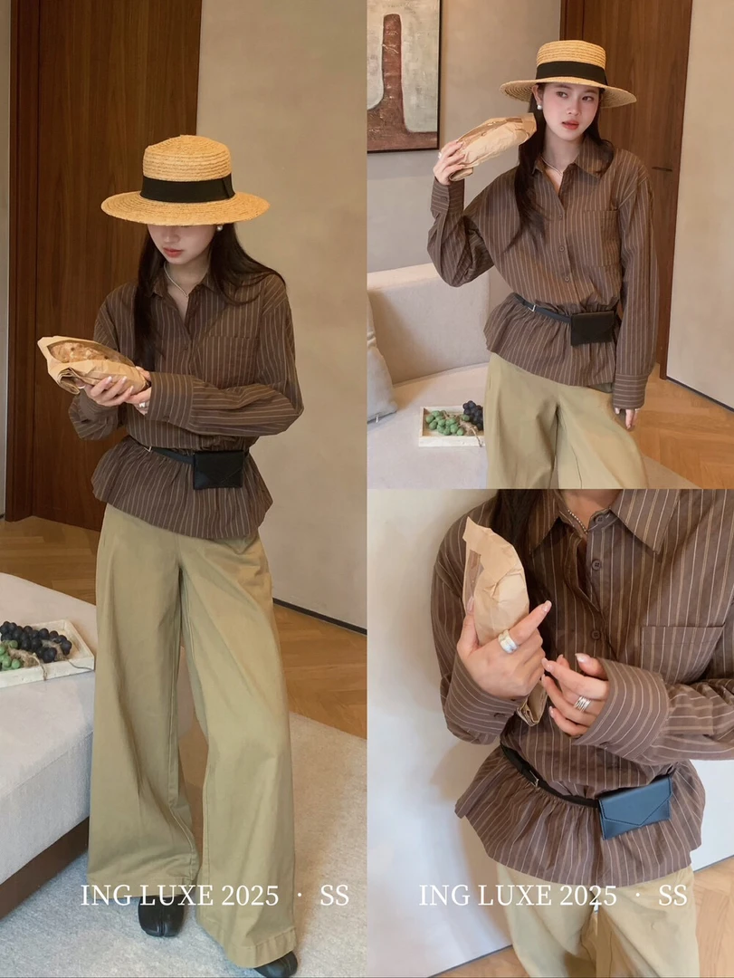 ING-撞色女秋季新款收腰翻领独特设计感小众中长款上衣衬衫