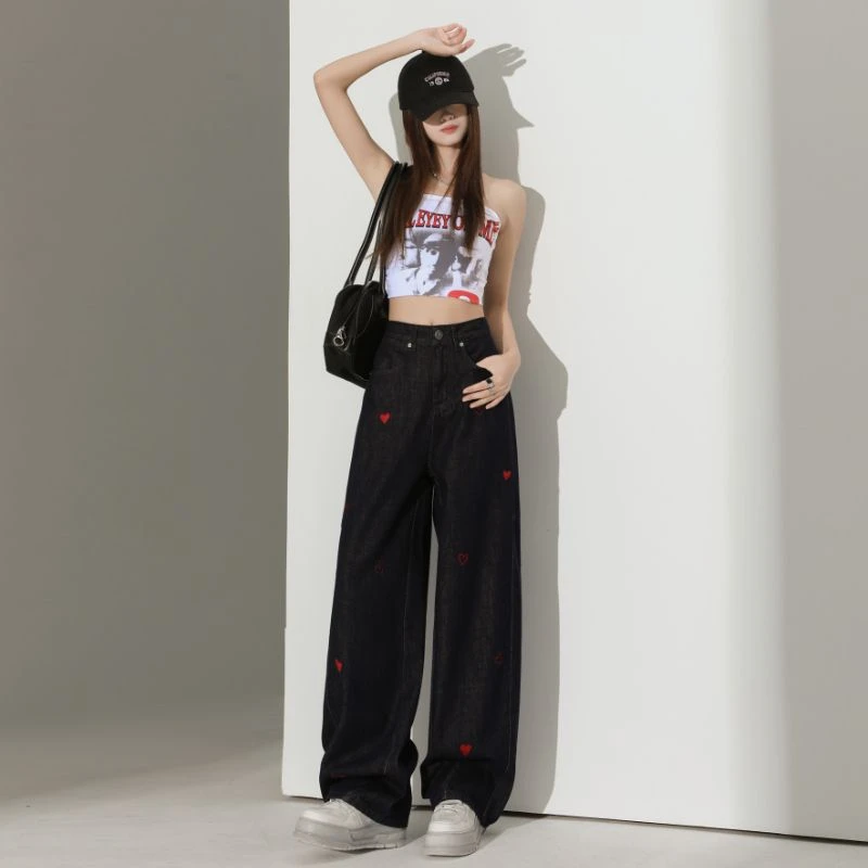 深蓝色爱心刺绣阔腿牛仔裤女2025春季设计感休闲显瘦直筒裤子