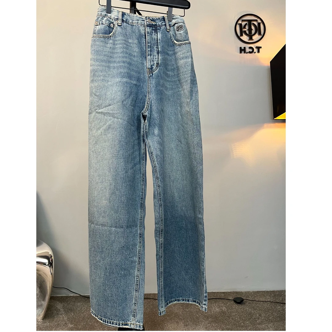 奥莱-TCH24新款潮牌烫钻工艺时尚百搭宽松直筒牛仔裤S72B208003