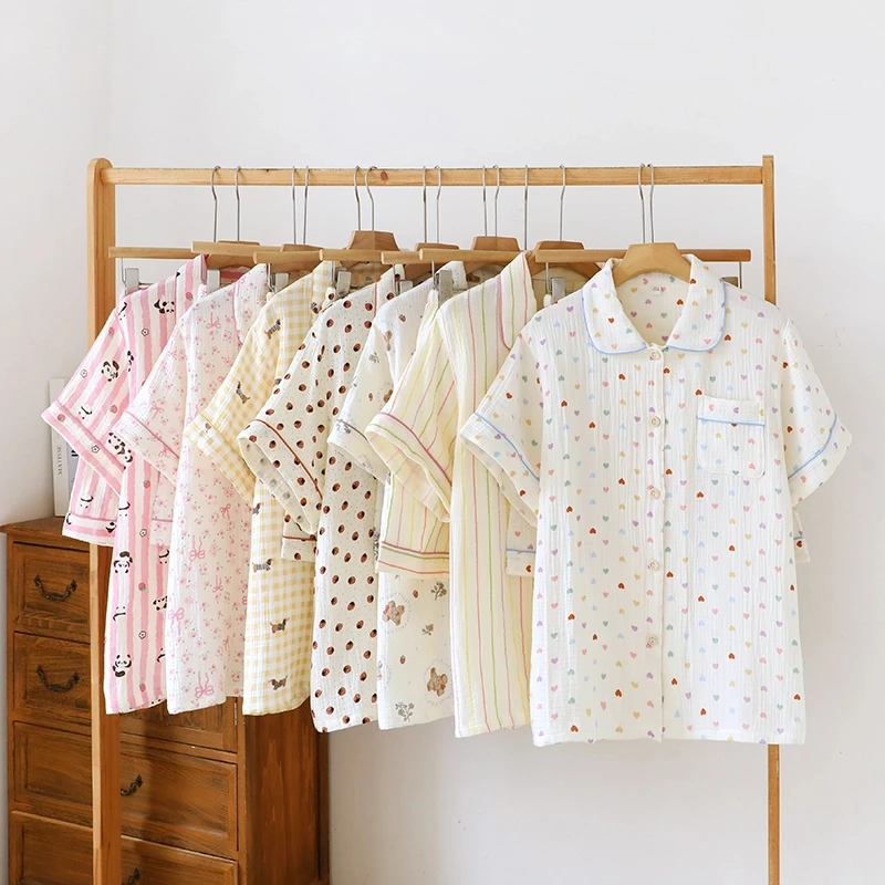 婴儿棉纱纯棉双层绉纱女士家居服睡衣套装短袖短裤宽松翻领夏季款