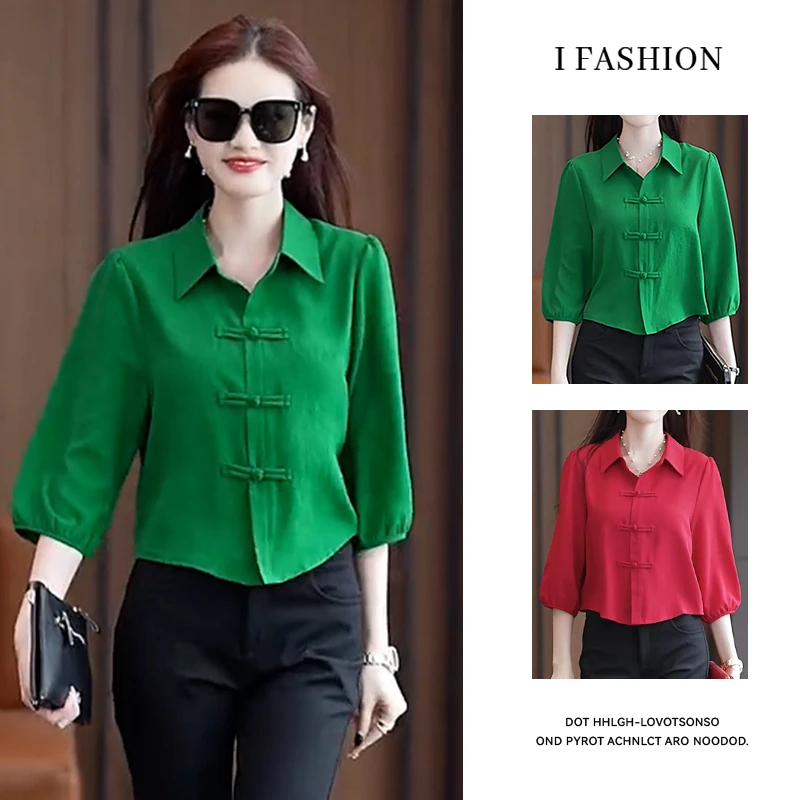 时尚宽松百搭衬衫女2026年夏季新款气质七分袖遮肚子盘扣上衣小衫
