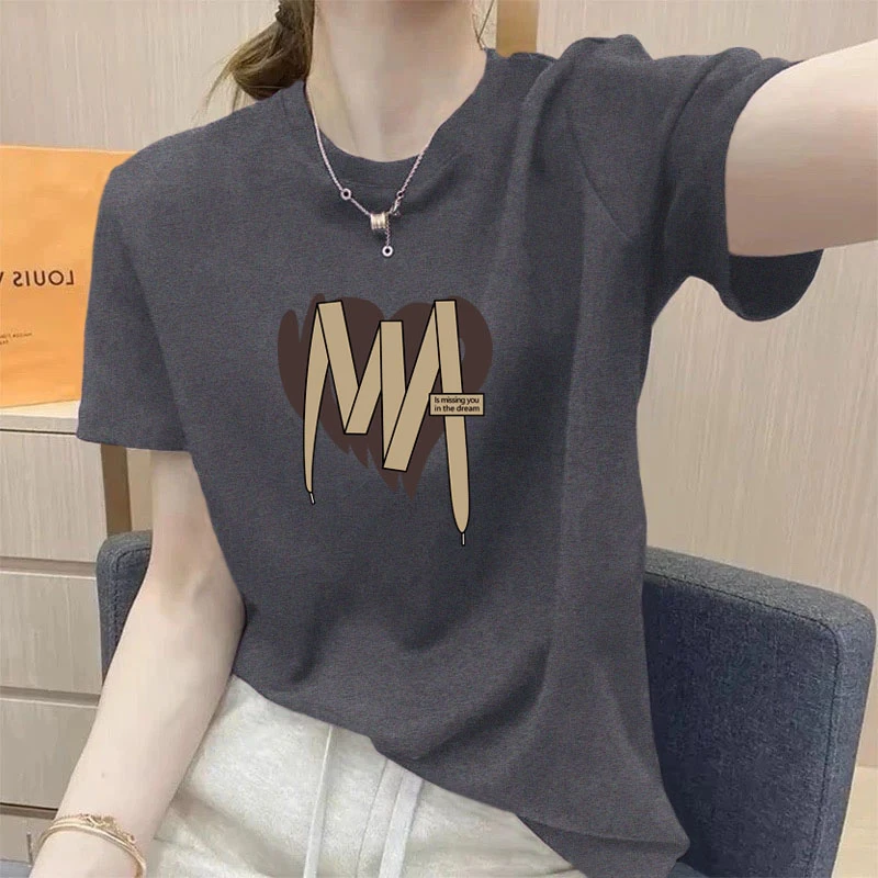 深灰色短袖T恤女夏季宽松气质设计感别致爱心印花体恤上衣2025年