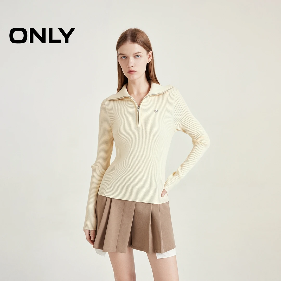 ONLY2024秋季新款时尚简约修身翻领打底衫针织衫女|124313035