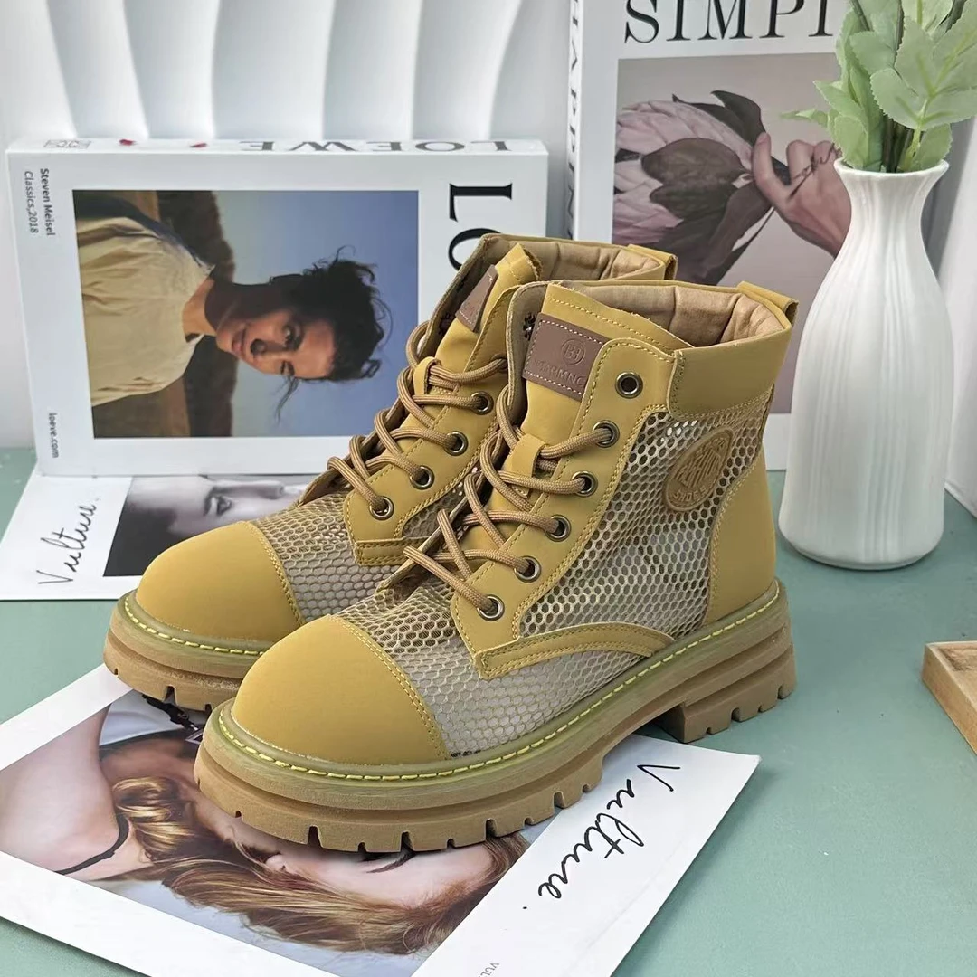 大黄蜂真皮马丁靴2024新款厚底英伦风网纱透气休闲短靴工装靴1699
