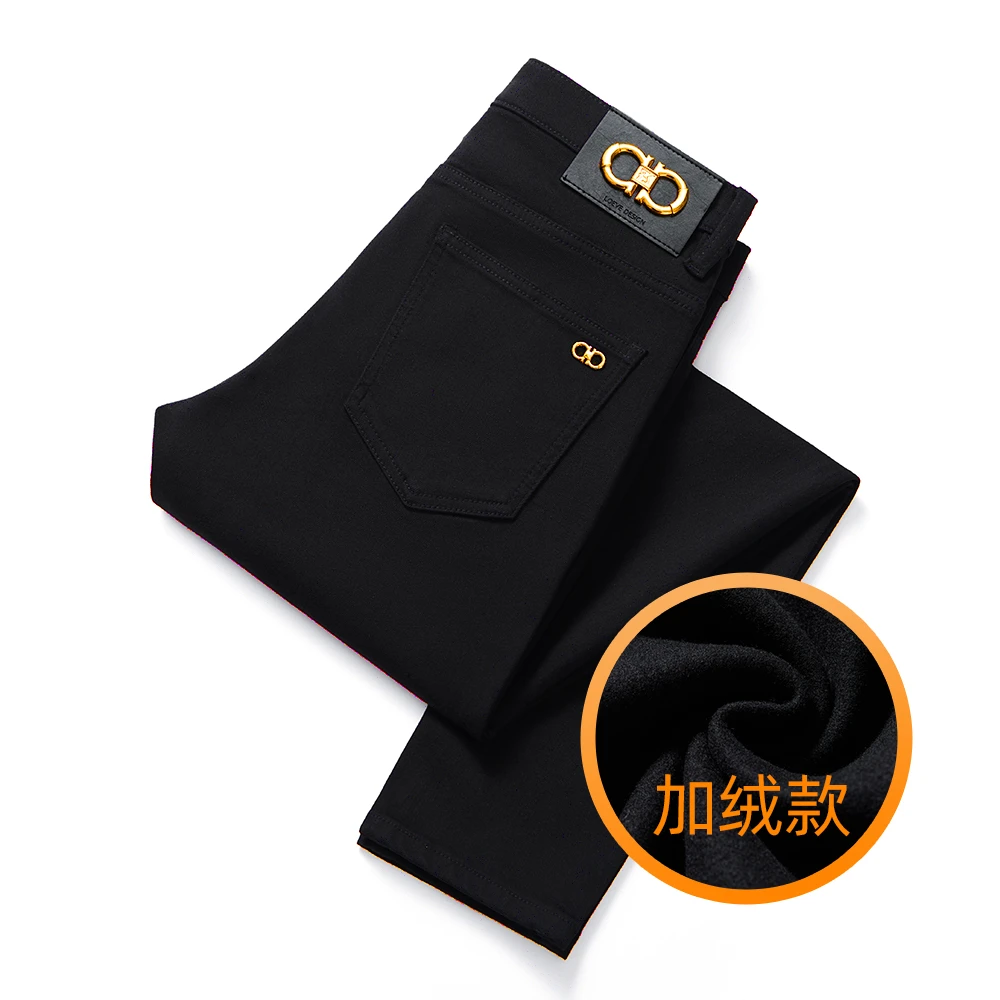 高端秋冬厚款黑色男式牛仔裤男款修身弹力新款男士加绒轻奢休闲裤