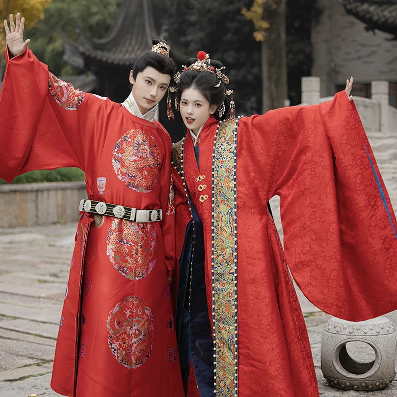 【全套】卿如故汉服明制婚服圆领袍十二章长拖尾大衫麒麟补服红色