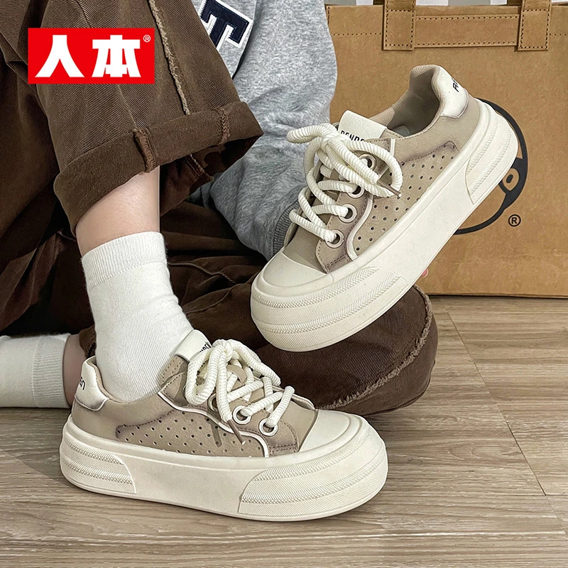 人本网孔透气厚底板鞋女2025春秋款学生女鞋百搭时尚运动休闲鞋子