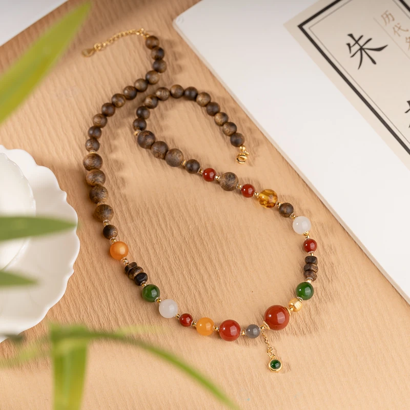 沉香莺歌绿奇楠6mm沉香项链和田玉碧玉烟紫南红s925银项链