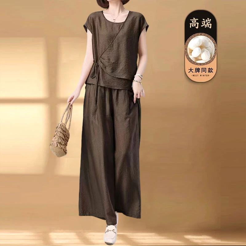 夏季2025新款减龄新款妈妈宽松气质上衣高级两件套时尚阔腿裤套装