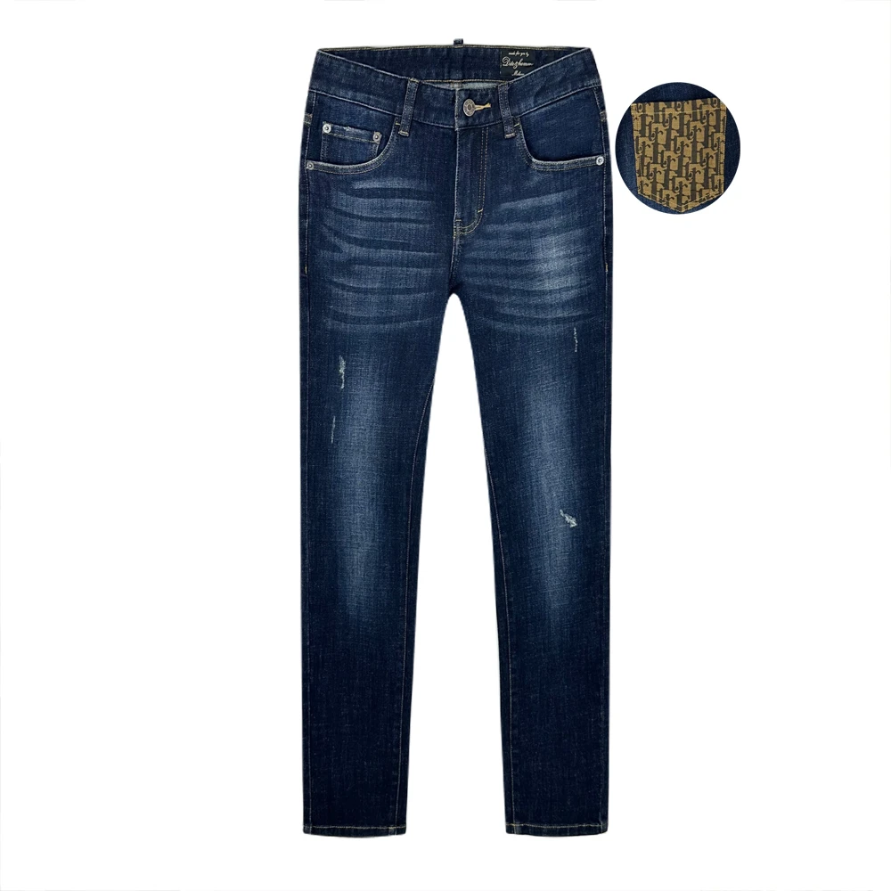 Dite迪特2025男士牛仔裤深蓝色磨破水洗满花LOGO直筒