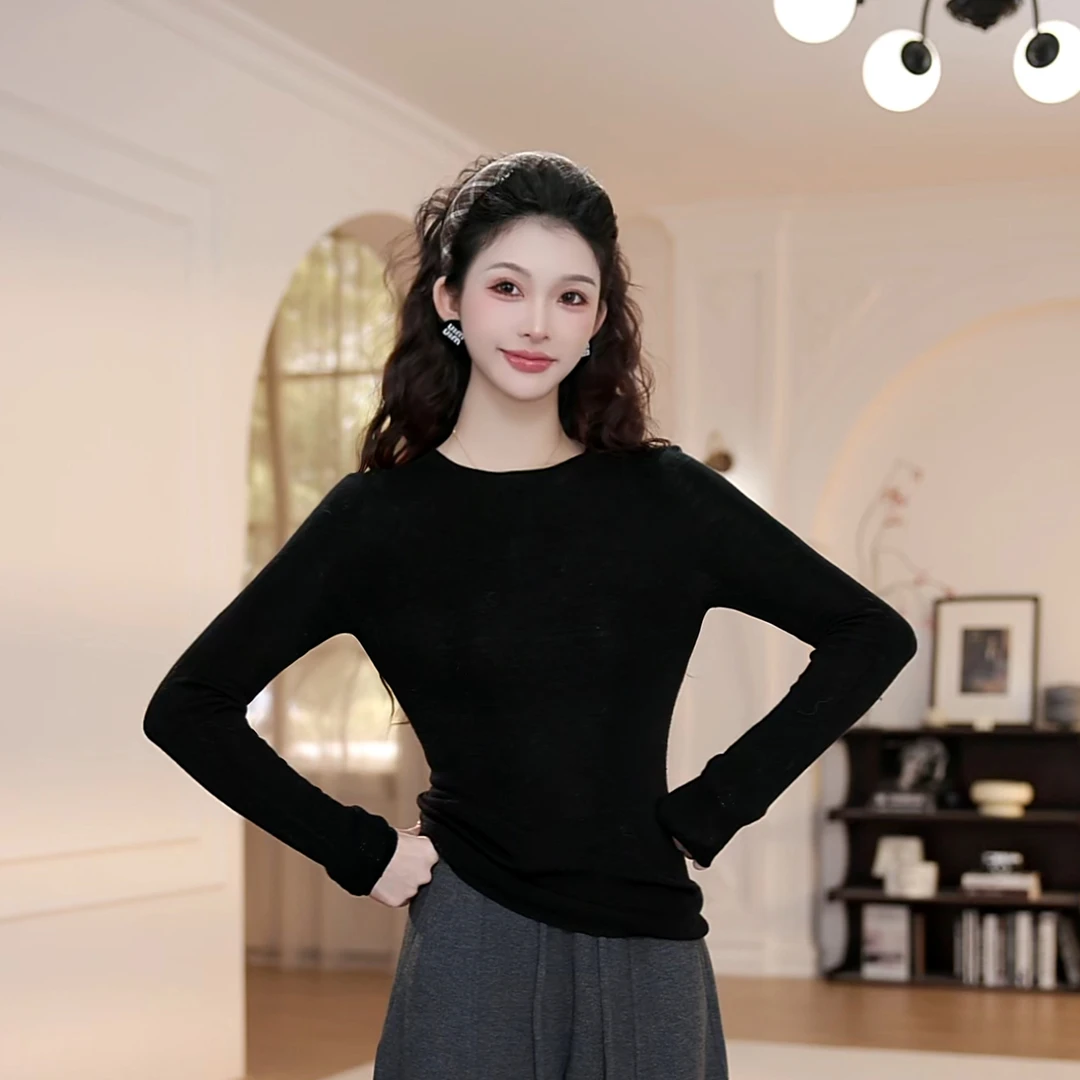 【YANYAN】黑色长袖针织衫女秋季新款修身显瘦内搭圆领打底衫9066