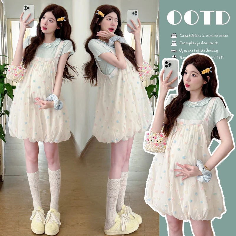 现货孕妇装连衣裙2025夏重工艺花苞背带裙T恤孕妇夏季洋气小清新