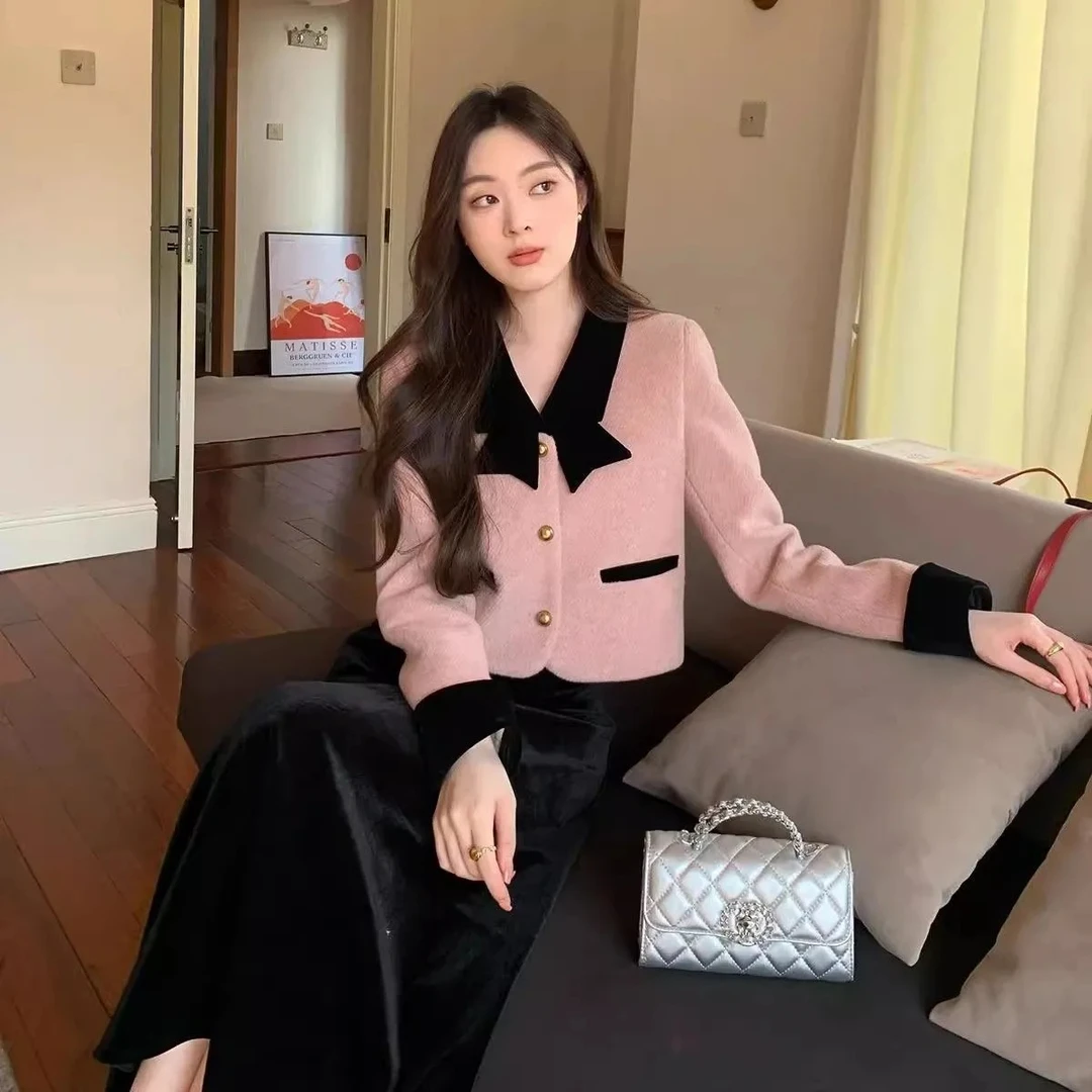 新款秋冬季气质黑色长裙减龄套装女大码加厚保暖小香风外套女气质