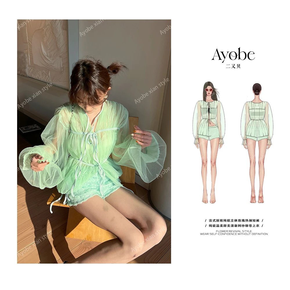 【AYOBE】原创款 9月4日10:00新品  纯欲温柔甜美清新网纱绑带上衣