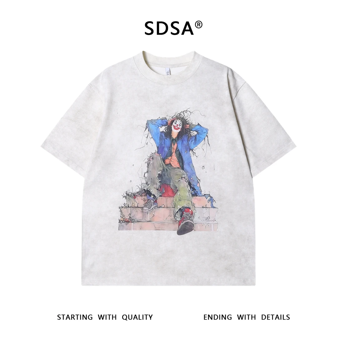 夏季高级感新款美式洒金楼梯小丑印花短袖T恤百搭宽松圆领上衣