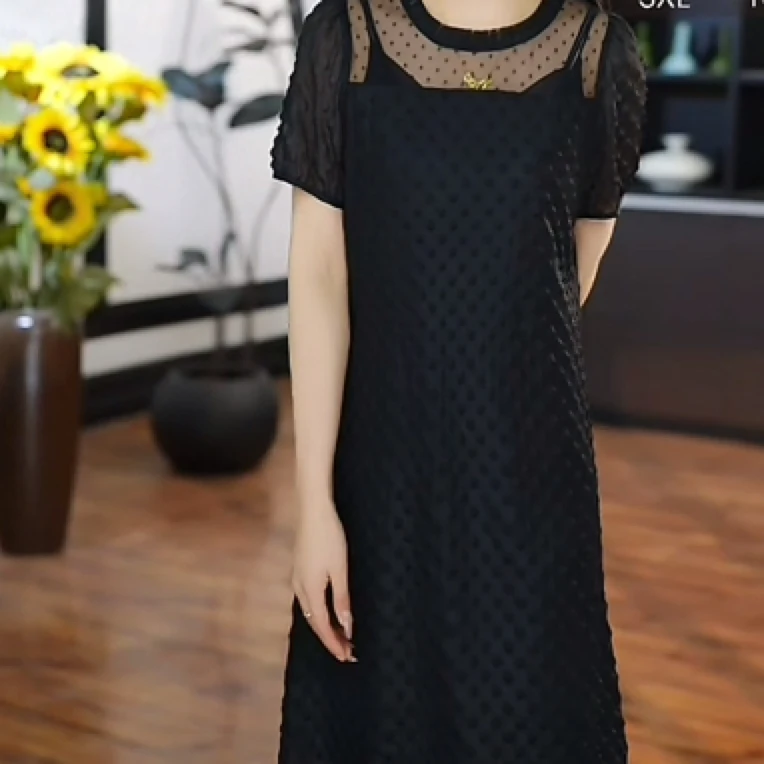 [H3868粉黑连衣裙]夏季纯色蕾丝女士时尚气约潮拼接裙子春秋