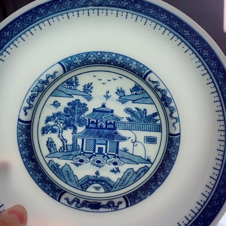 青花玲珑8寸窝盘梧桐办公室底款