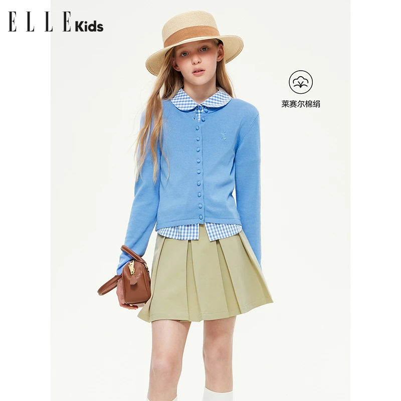 ELLE KIDS法式莱赛尔针织开衫女童春季新款经典包扣刺绣上衣C3