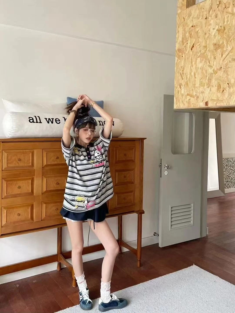 深圳南油欧货正品SKipSmile甜美可爱趣味卡通公仔条纹polo领T恤女