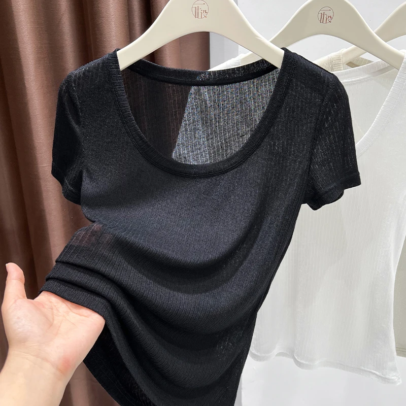 黑色大领口紧身短袖女t恤2025夏季低领轻薄微透辣妹显瘦打底上衣