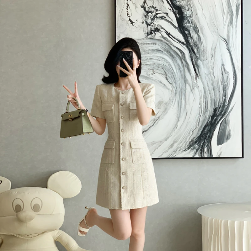 法式高级感小香风连衣裙女2025夏季新款气质小众显瘦高腰优雅裙子