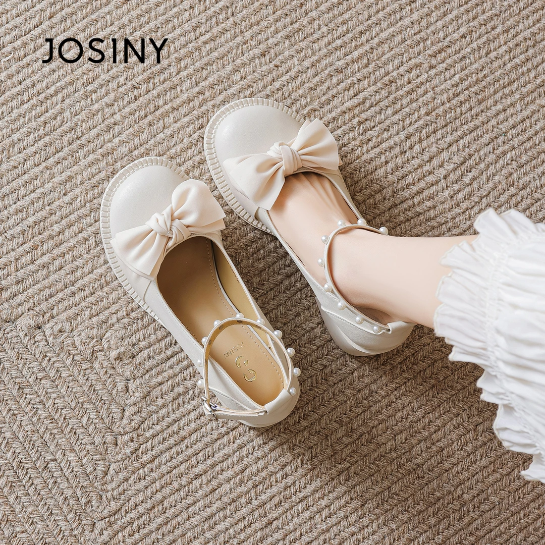 卓诗尼蝴蝶结珍珠玛丽珍鞋女2025夏秋一字扣浅口白色单鞋女高跟鞋