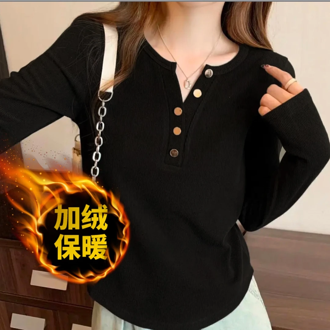 加厚绒款 68秋冬大码显瘦宽松百搭小众设计感韩版v领纽扣T恤