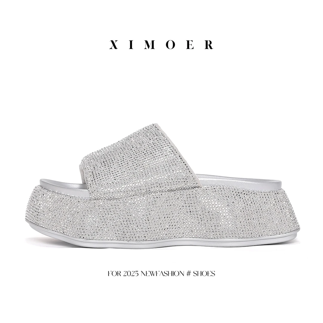 【XIMOER】「千金」夏季松糕跟增高欧美风高跟一字拖耐磨水钻4629-7