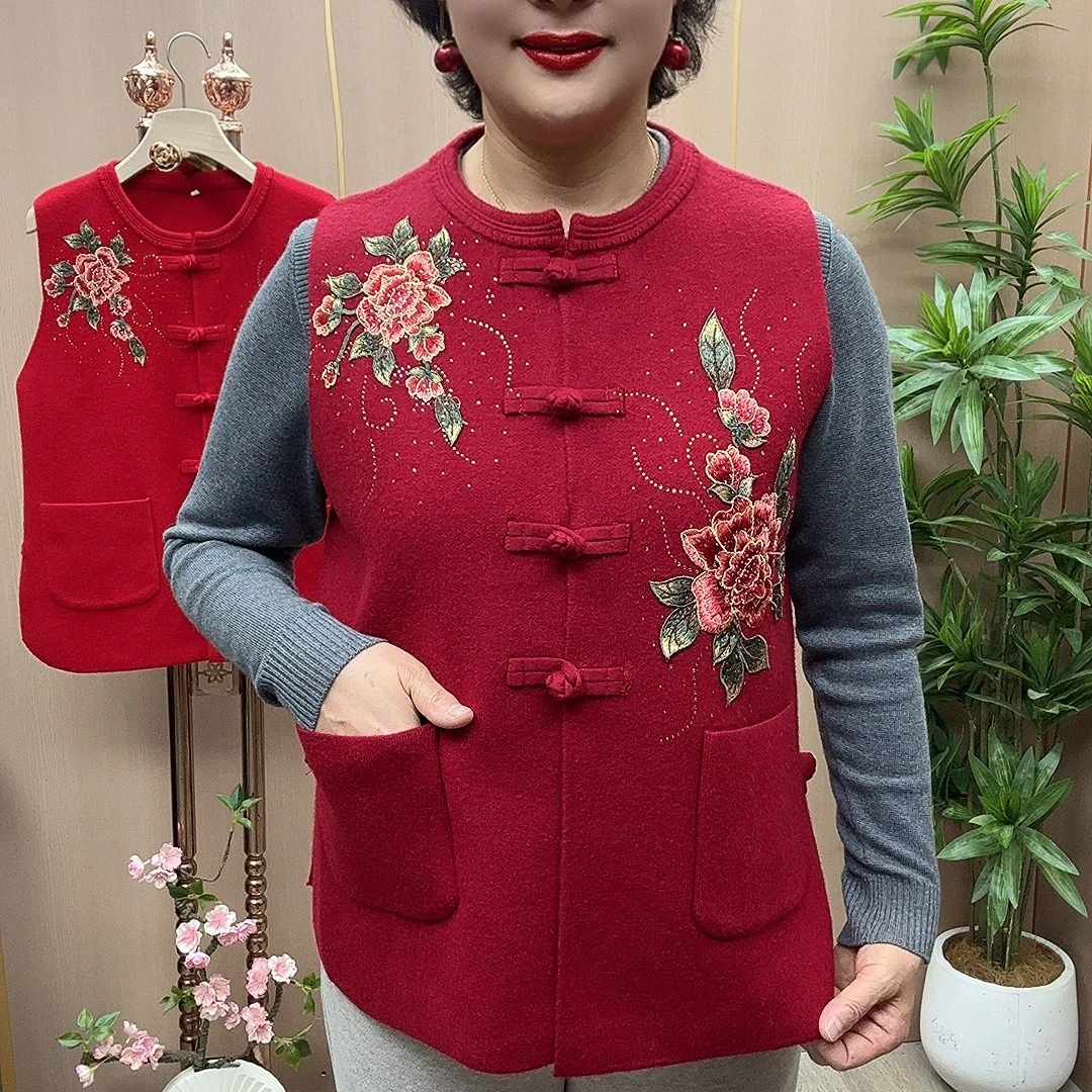 ZH#对角花刺绣马甲  衣长65 中老年女装妈妈装 国风盘扣针织马甲
