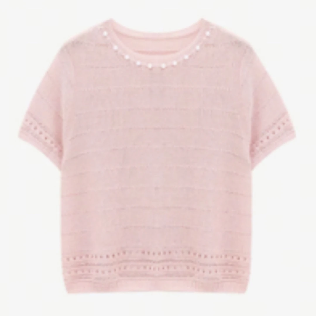 【桑蚕丝和纸纱】手工穿珠一线成衣圆领时尚T恤上衣轻奢