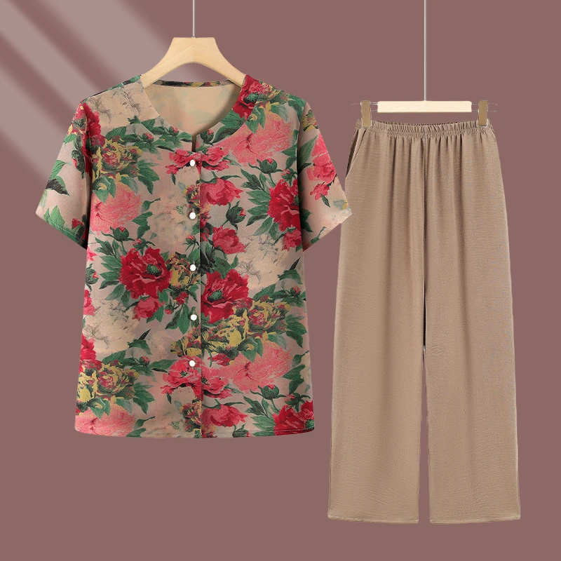 2025爆款妈妈女装印花衬衫大码中老年奶奶短袖冰丝遮肉遮肚女衬衫