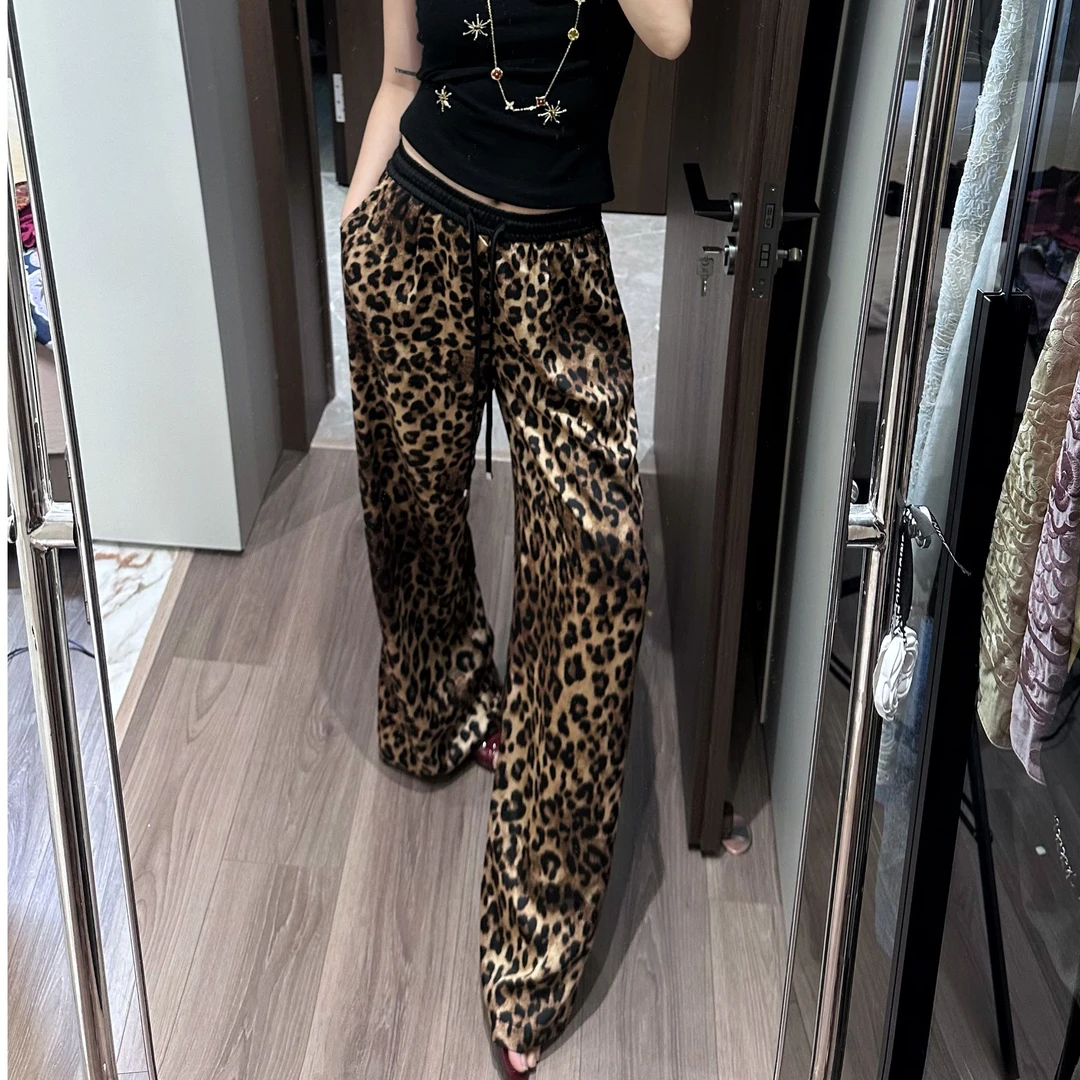 G. yantong/郭彦彤缎面豹纹松紧腰阔腿裤休闲裤夏季宽松KZL38
